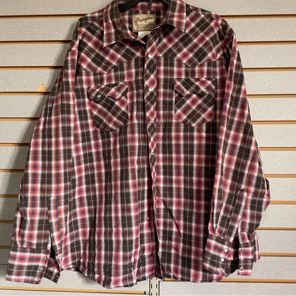 Wrangler Orange Brown Plaid Snap Long Sleeve Men’s Shirt XXL Western Cowboy EUC